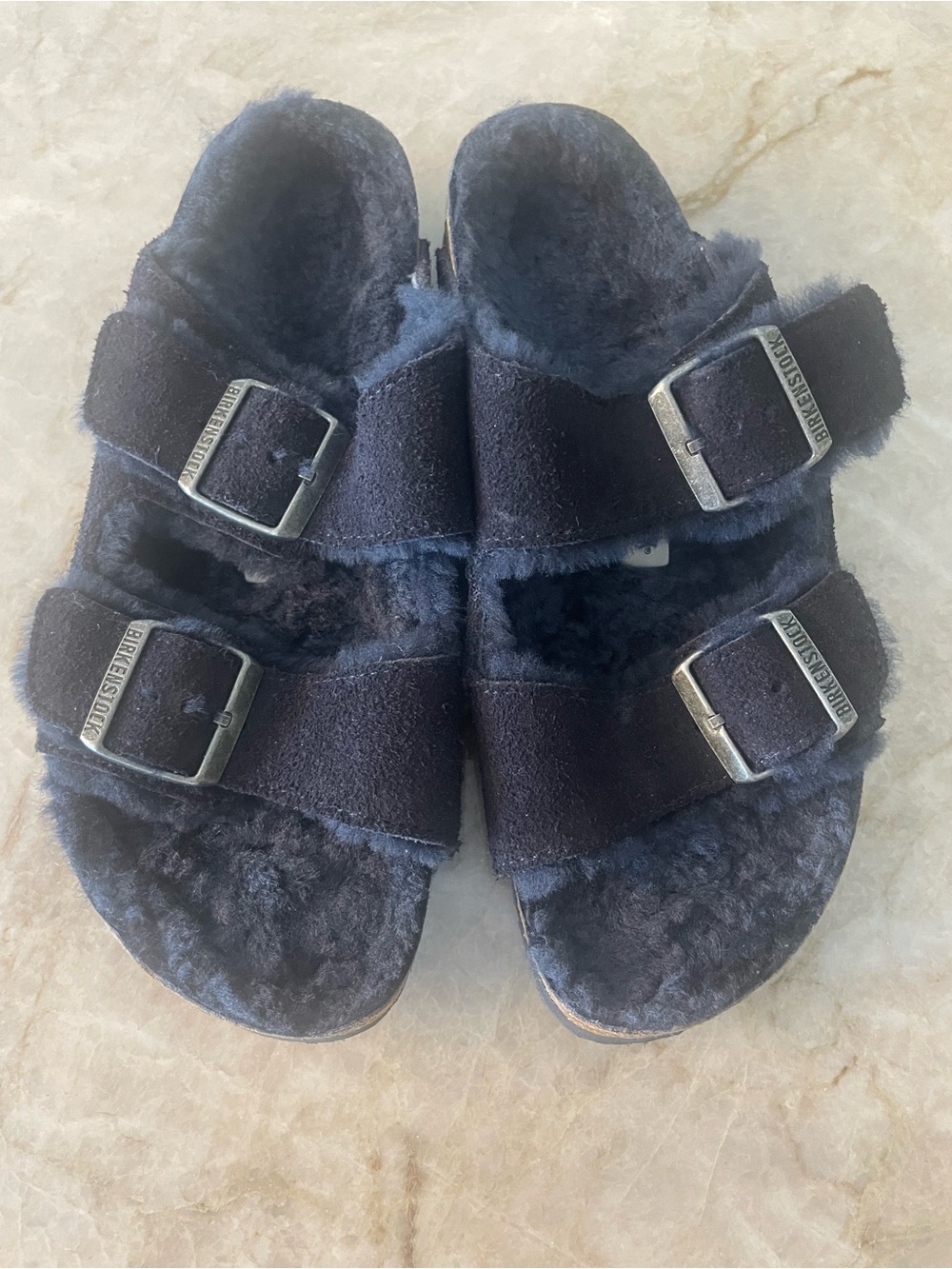 NWOT Birkenstock Women's Shearling Double-Buckle Slide Sandals in Navy